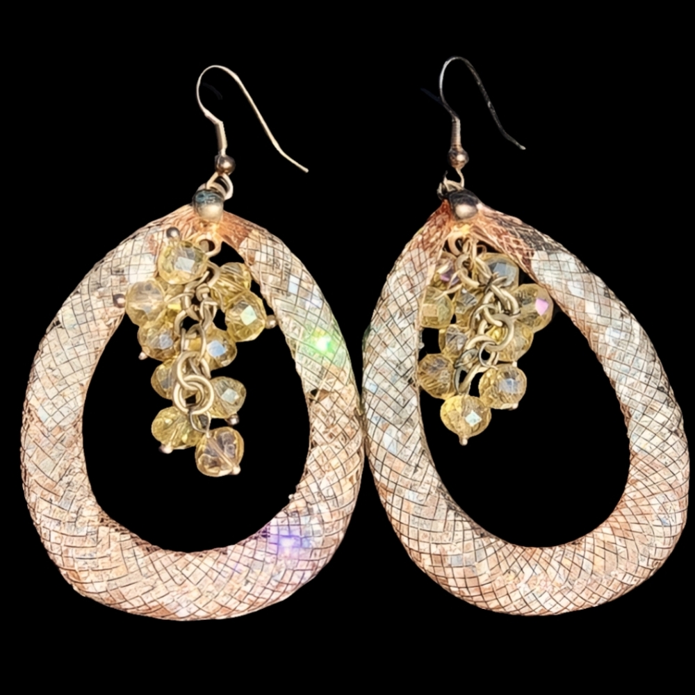 Rose Gold Mesh Teardrop Hoop Earrings Crystal Cluster Dangle Bronze 18 Kt